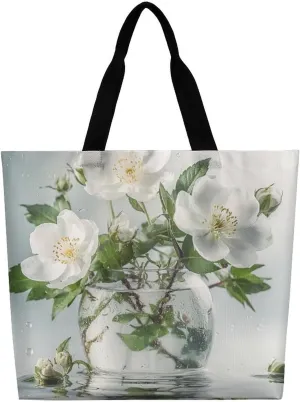 White Flowers And Green Leaves Tote Bag Large Women Casual Shoulder Bag Reusable Grocery Bag Fasion Handbag for Office Shopping Travel