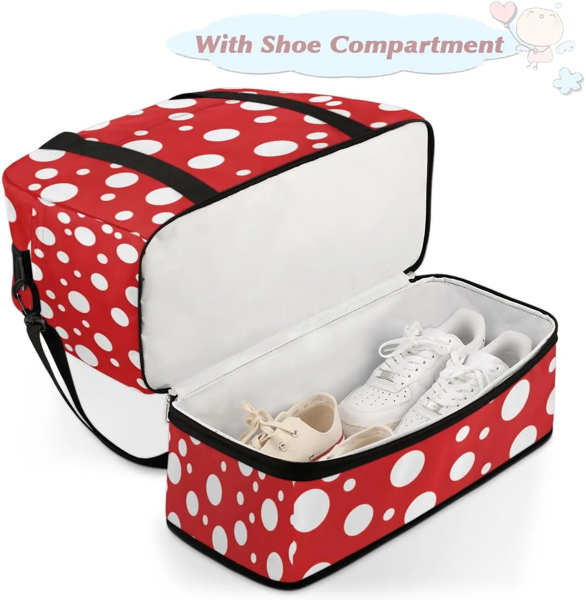 White Polka Dots on Red Foldable Travel Duffel Bag Overnight Weekender Bag with Shoes Compartment Sports Gym Bag for Men Women
