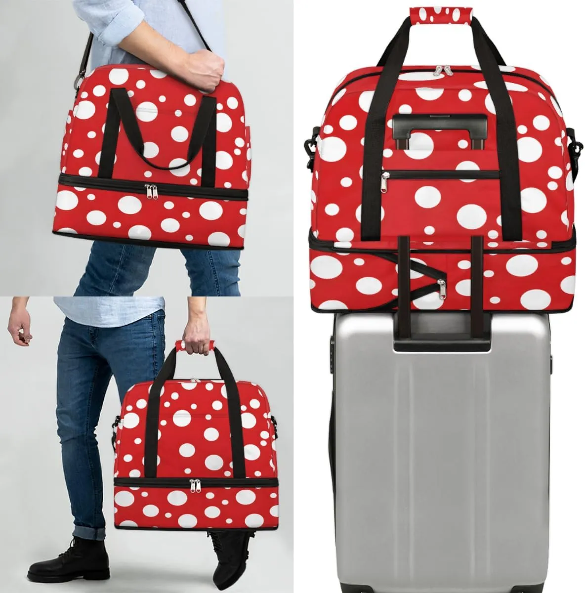 White Polka Dots on Red Foldable Travel Duffel Bag Overnight Weekender Bag with Shoes Compartment Sports Gym Bag for Men Women
