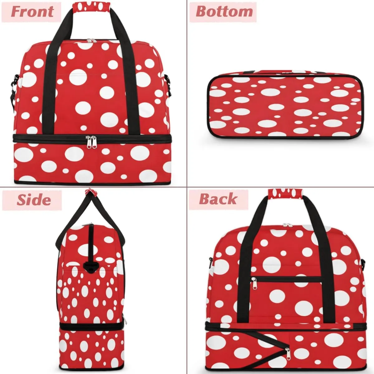 White Polka Dots on Red Foldable Travel Duffel Bag Overnight Weekender Bag with Shoes Compartment Sports Gym Bag for Men Women