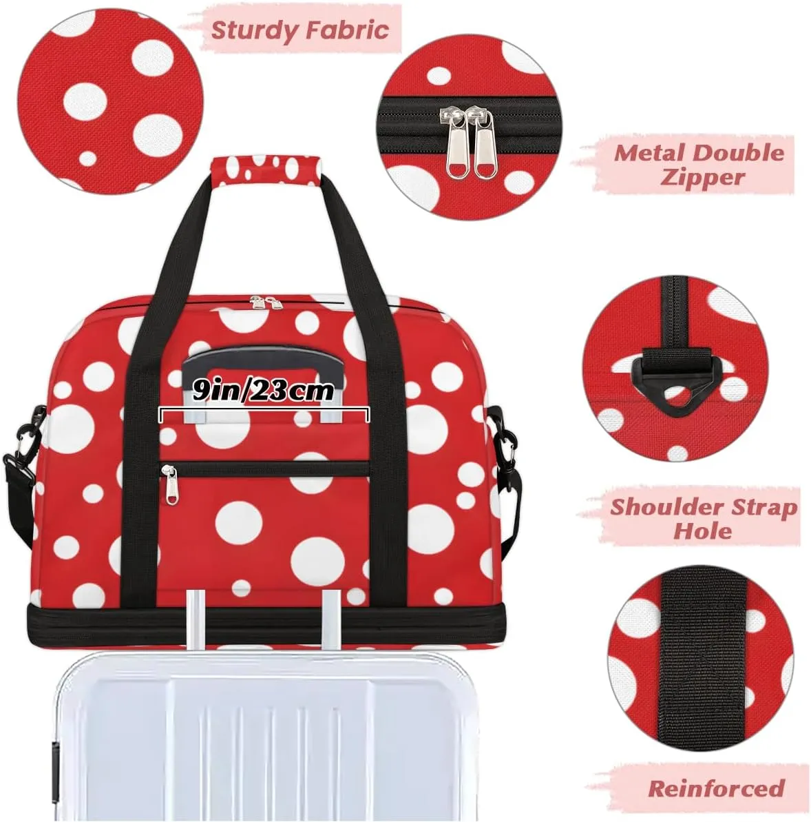 White Polka Dots on Red Foldable Travel Duffel Bag Overnight Weekender Bag with Shoes Compartment Sports Gym Bag for Men Women