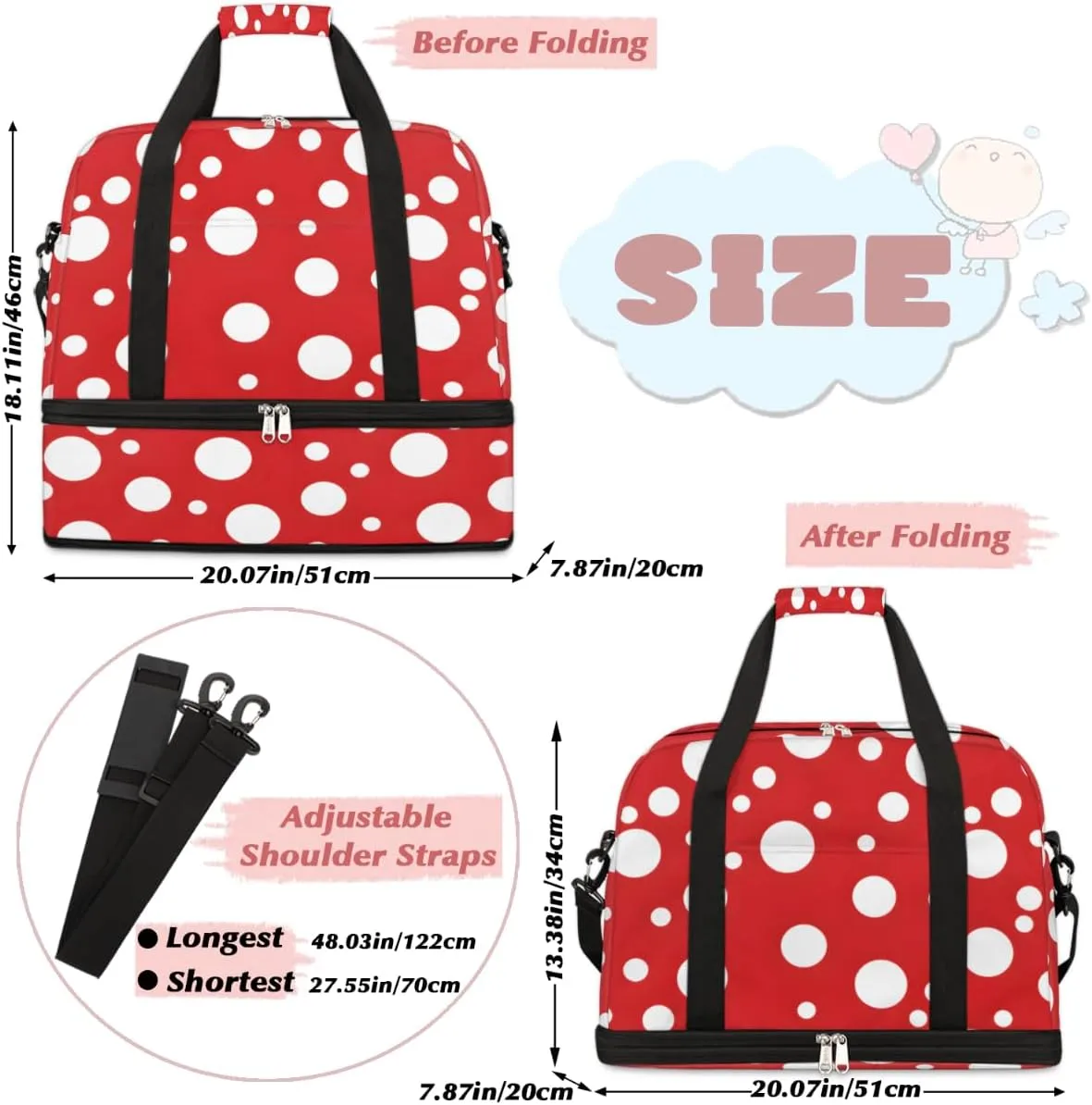 White Polka Dots on Red Foldable Travel Duffel Bag Overnight Weekender Bag with Shoes Compartment Sports Gym Bag for Men Women