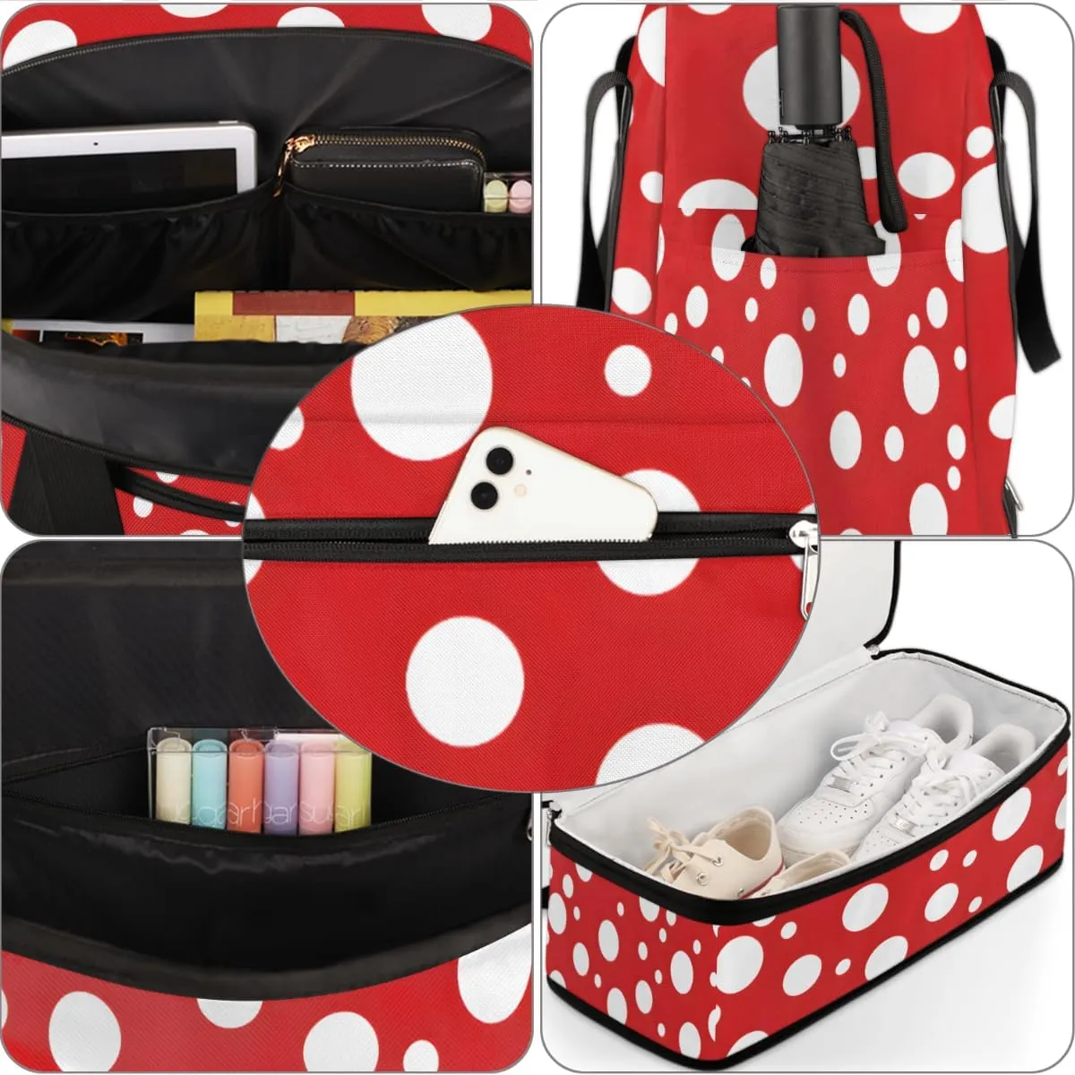 White Polka Dots on Red Foldable Travel Duffel Bag Overnight Weekender Bag with Shoes Compartment Sports Gym Bag for Men Women