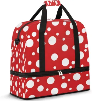 White Polka Dots on Red Foldable Travel Duffel Bag Overnight Weekender Bag with Shoes Compartment Sports Gym Bag for Men Women