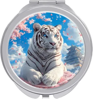 White Tiger Cherry Flower Compact Makeup Mirror Mini Foldable Cosmetic Mirror Portable Travel Mirror for Purse Pocket