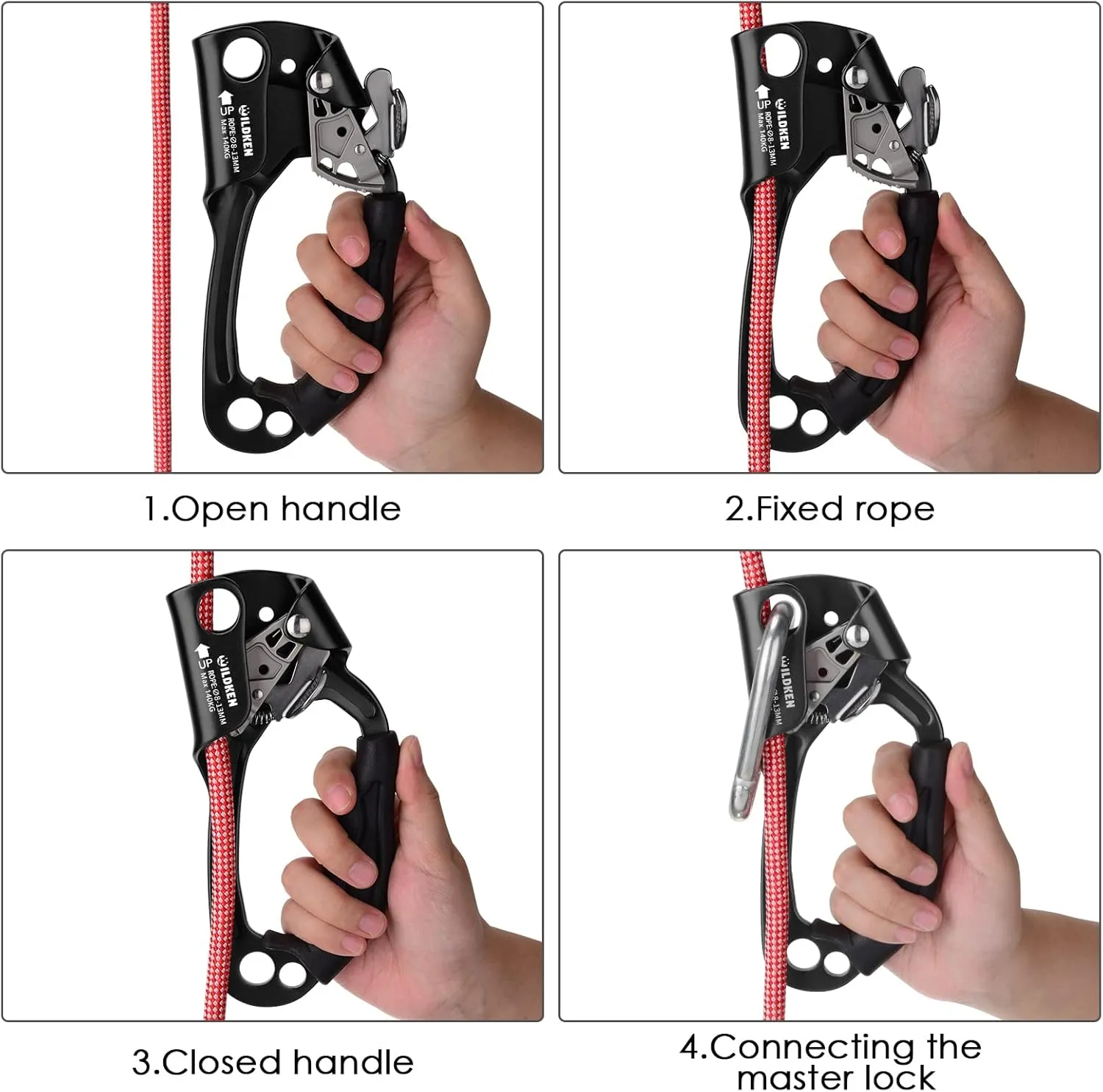 WILDKEN Climbing Hand Ascender Outdoor Mountaineering Tree Arborist Climbing Rappelling Equip Hand Ascender for 8-14MM Rope Left Right Hand Ascender