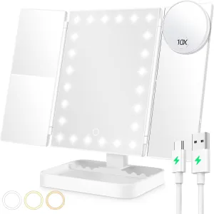 Wireless Rechargeable Lighted Makeup Mirror with 3 Color Lighting, 2000mAh Rechargeable Battery, 10x 3X 2X Magnification Mirror, 24 LED Mirror, 360 Degree Rotation, Gift for Woman (White)