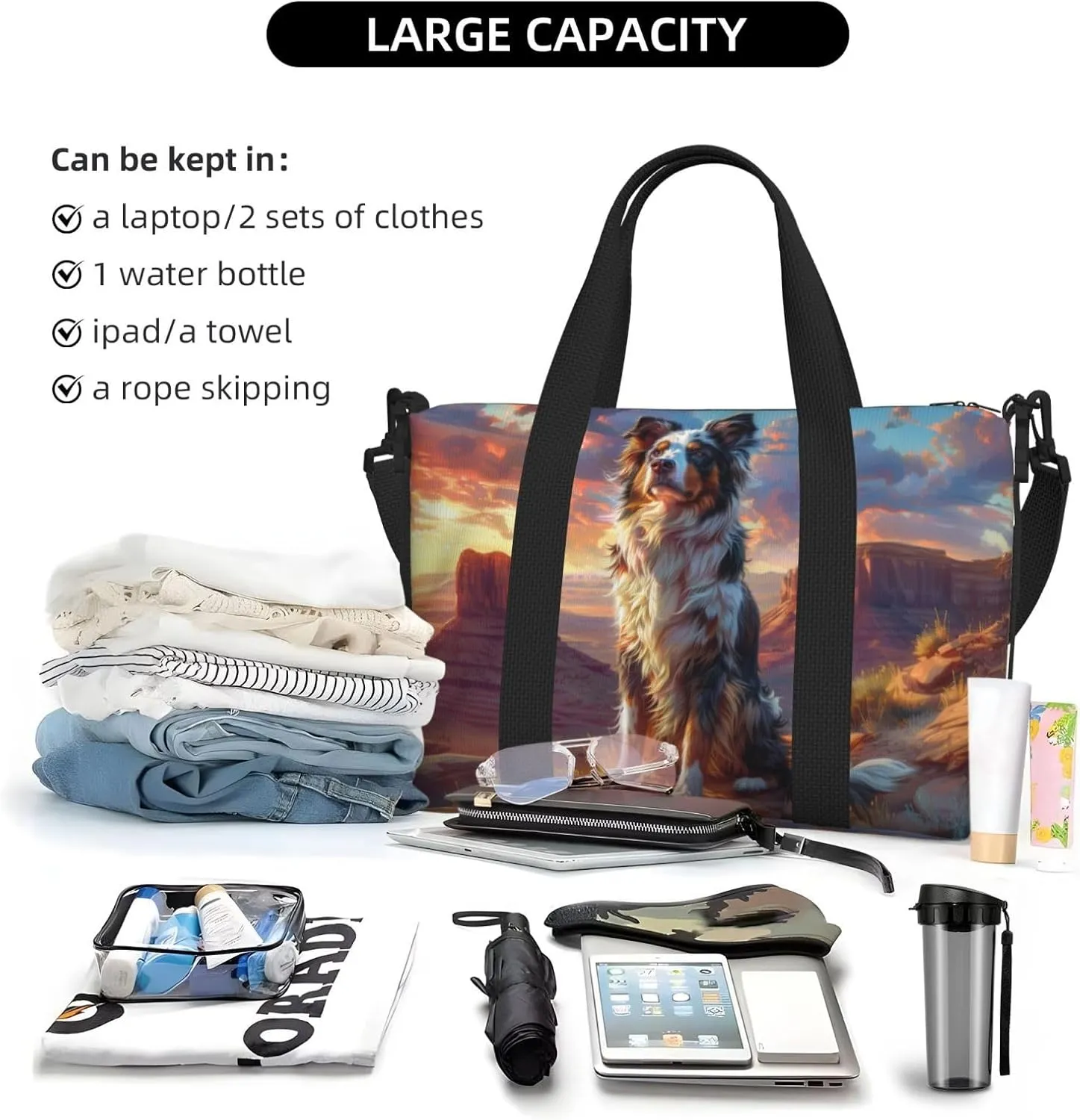 wise Australian Shepherd print Travel Duffel Bag, Sports Tote Gym Bag, Swim Pool Bag Large Shoulder Tote Bag for Beach Weekender