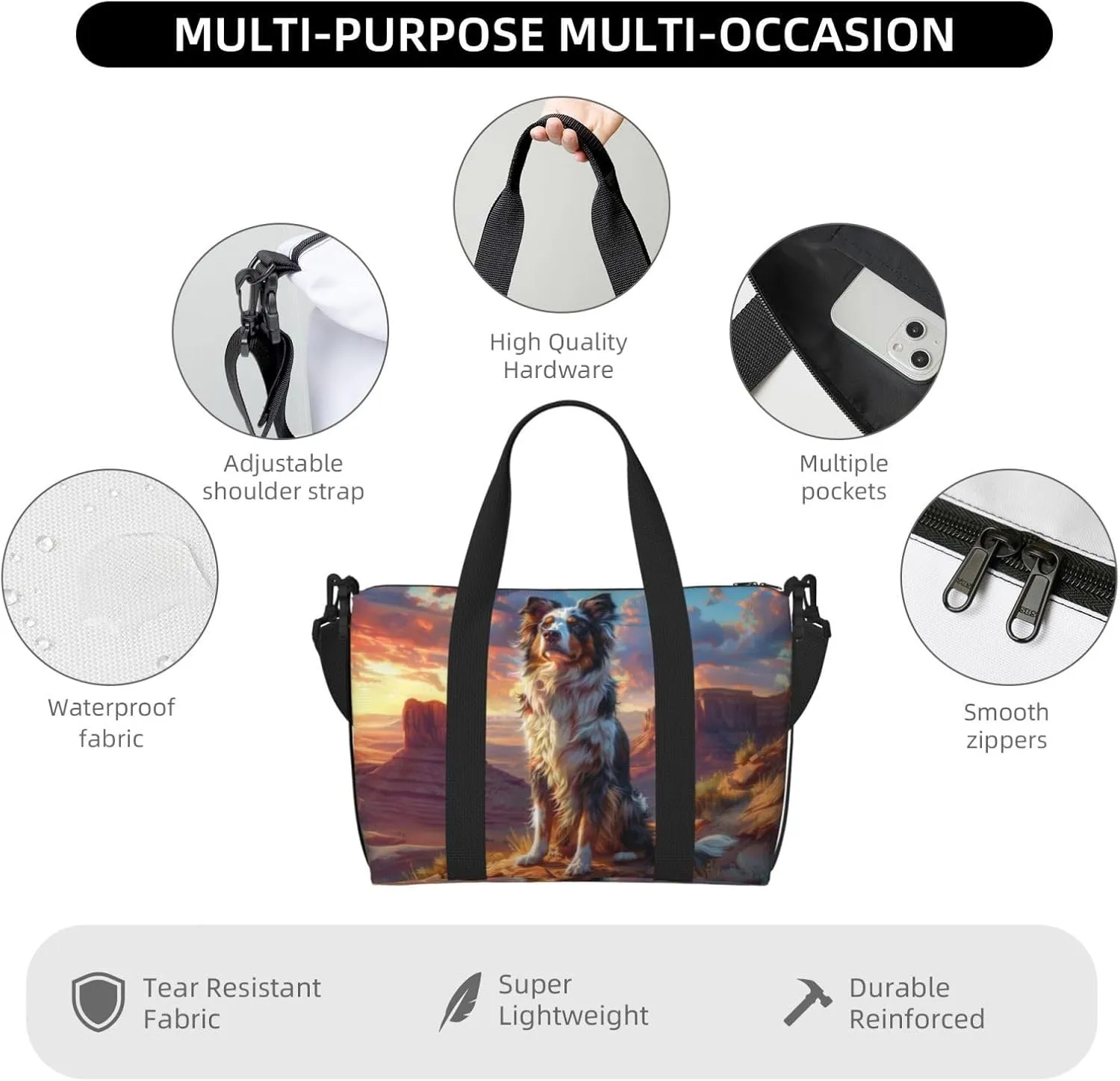 wise Australian Shepherd print Travel Duffel Bag, Sports Tote Gym Bag, Swim Pool Bag Large Shoulder Tote Bag for Beach Weekender