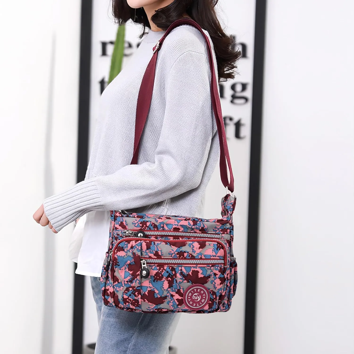 WITERY Nylon Shoulder Bags for Women - Multi-Pocket Zipper Waterproof Travel Purse Casual Small Lightweight Messenger Bag