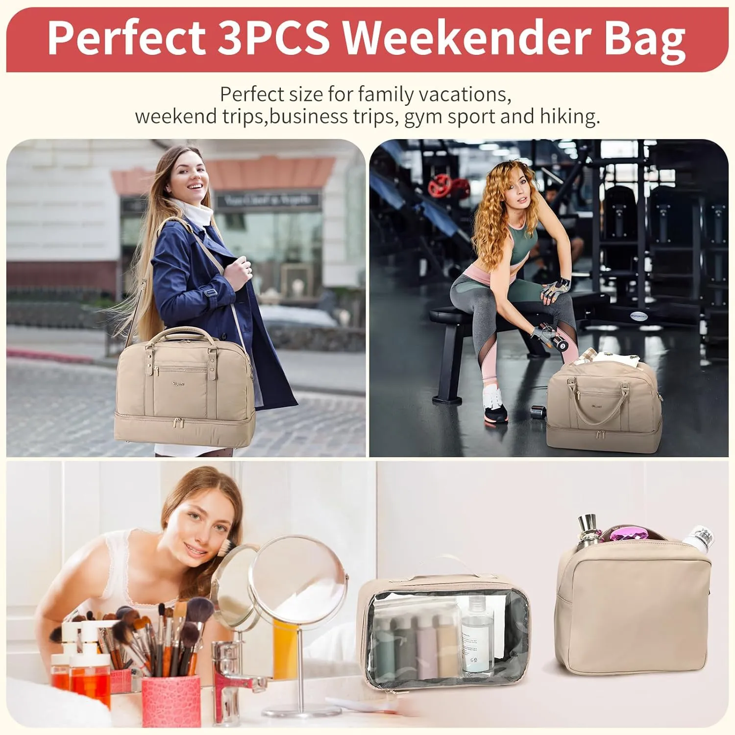 Wogarl Weekender Bags for Women Large Overnight Bag Weekend Travel Duffel Bag Carry on Shoulder with Shoe Compartment Toiletry Bag for Travel Business Gym