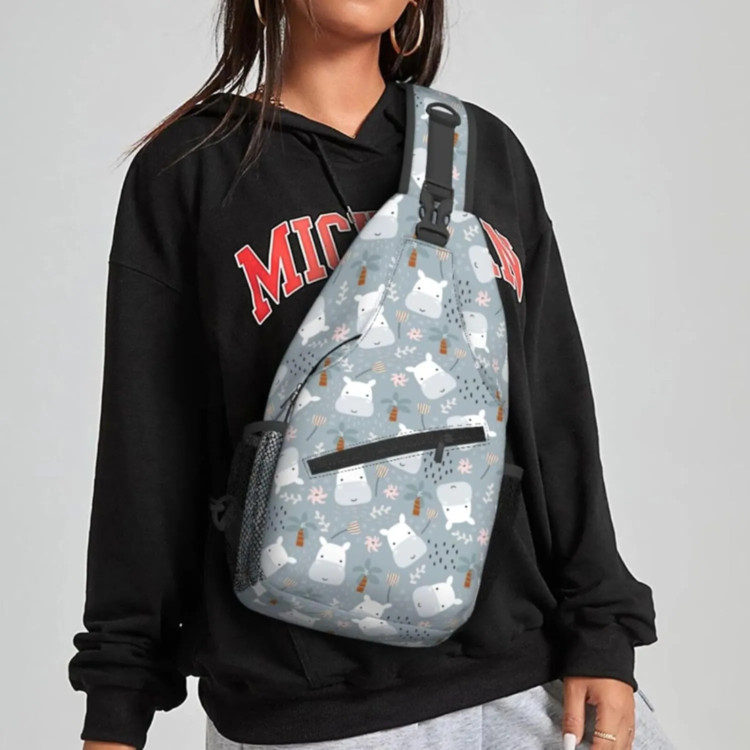 Women Cute Hippo Head Childish Doodle Crossbody Sling Backpack for Men Chest Bag Shoulder Bag Lightweight One Strap Backpack Travel Outdoor Daypack