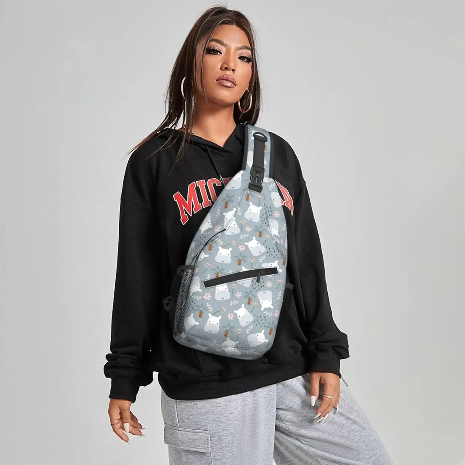 Women Cute Hippo Head Childish Doodle Crossbody Sling Backpack for Men Chest Bag Shoulder Bag Lightweight One Strap Backpack Travel Outdoor Daypack