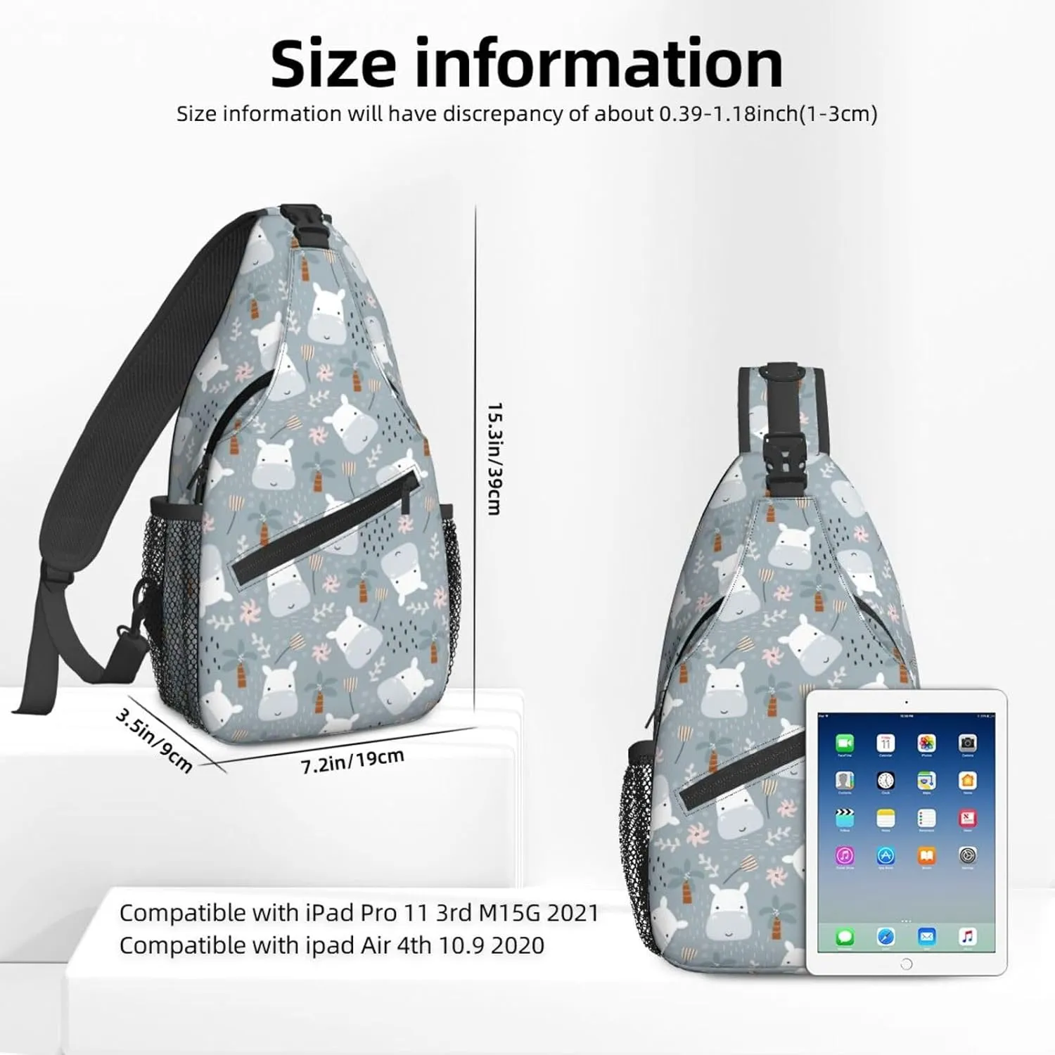 Women Cute Hippo Head Childish Doodle Crossbody Sling Backpack for Men Chest Bag Shoulder Bag Lightweight One Strap Backpack Travel Outdoor Daypack