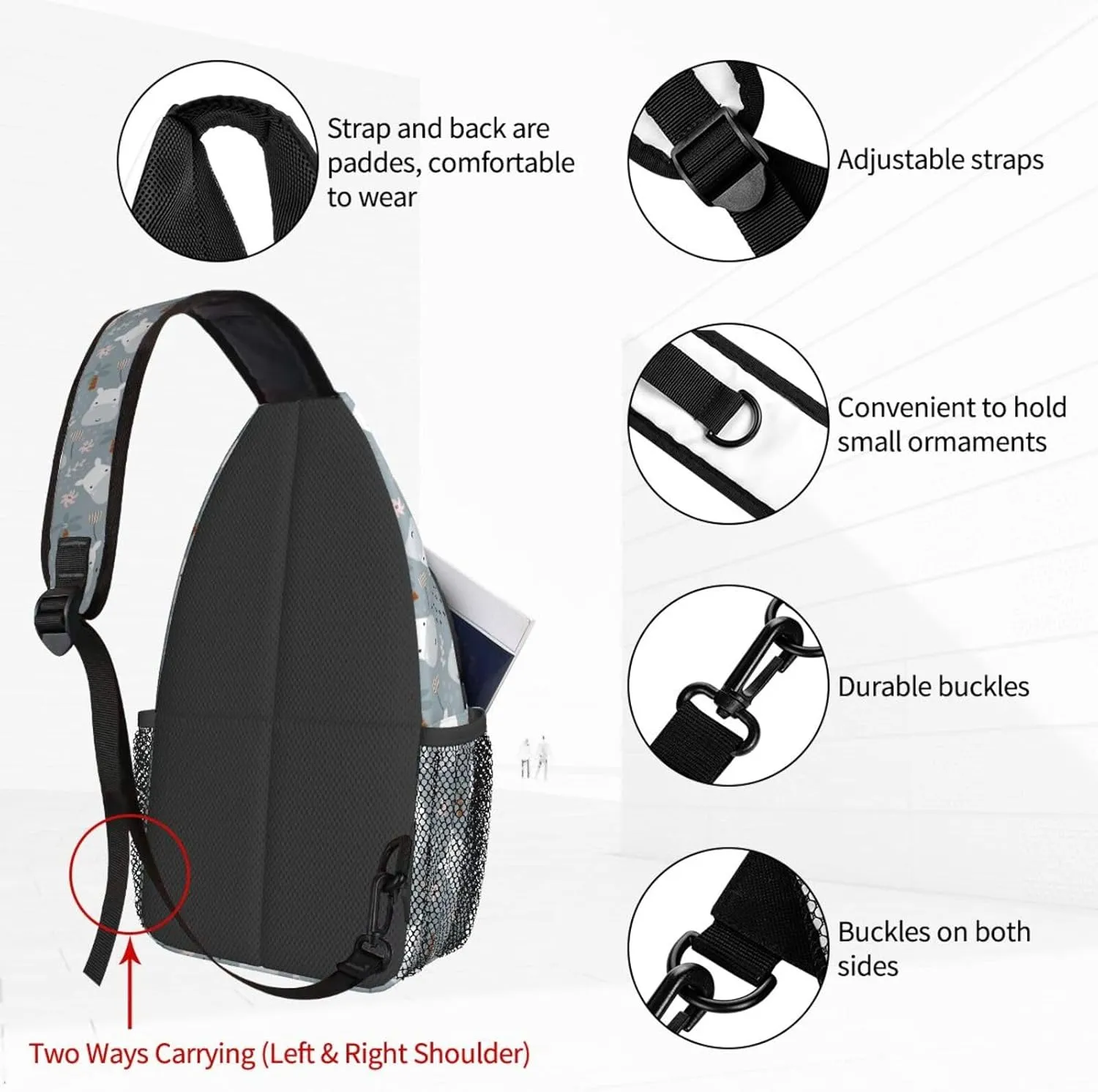 Women Cute Hippo Head Childish Doodle Crossbody Sling Backpack for Men Chest Bag Shoulder Bag Lightweight One Strap Backpack Travel Outdoor Daypack