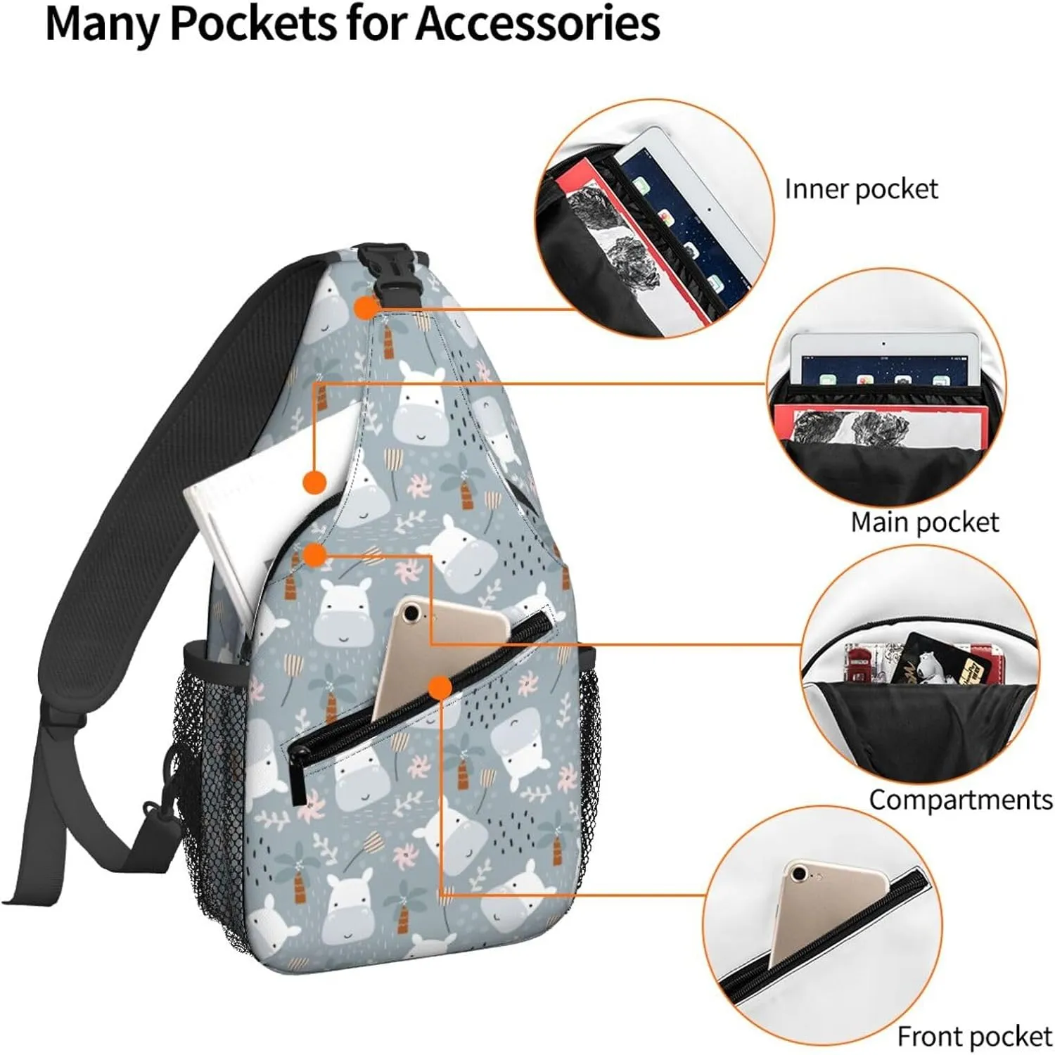 Women Cute Hippo Head Childish Doodle Crossbody Sling Backpack for Men Chest Bag Shoulder Bag Lightweight One Strap Backpack Travel Outdoor Daypack