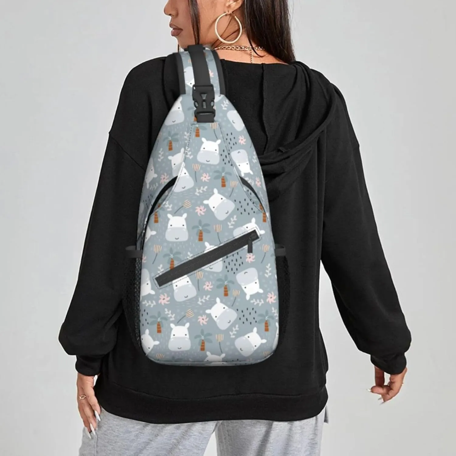 Women Cute Hippo Head Childish Doodle Crossbody Sling Backpack for Men Chest Bag Shoulder Bag Lightweight One Strap Backpack Travel Outdoor Daypack
