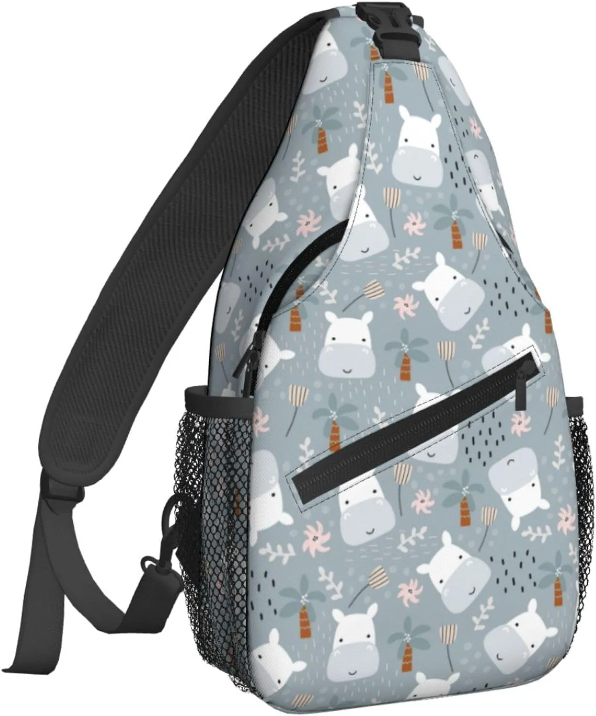 Women Cute Hippo Head Childish Doodle Crossbody Sling Backpack for Men Chest Bag Shoulder Bag Lightweight One Strap Backpack Travel Outdoor Daypack
