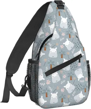 Women Cute Hippo Head Childish Doodle Crossbody Sling Backpack for Men Chest Bag Shoulder Bag Lightweight One Strap Backpack Travel Outdoor Daypack