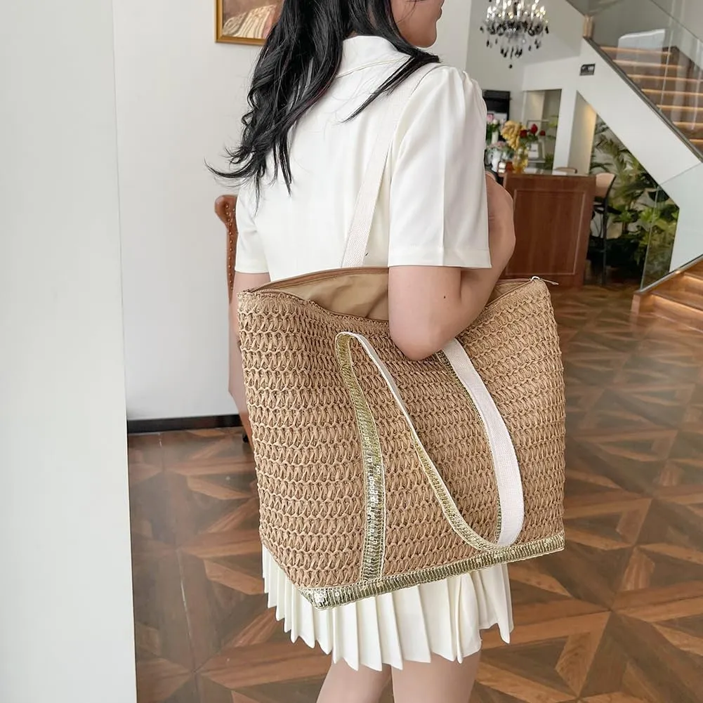 Women Straw Tote Handbag Large Capacity Sequins Crochet Beach Handbag Contrast Color Weaving Travel Bag Ladies Summe