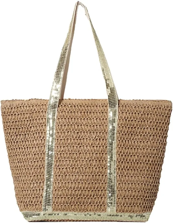 Women Straw Tote Handbag Large Capacity Sequins Crochet Beach Handbag Contrast Color Weaving Travel Bag Ladies Summe