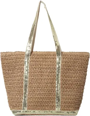 Women Straw Tote Handbag Large Capacity Sequins Crochet Beach Handbag Contrast Color Weaving Travel Bag Ladies Summe