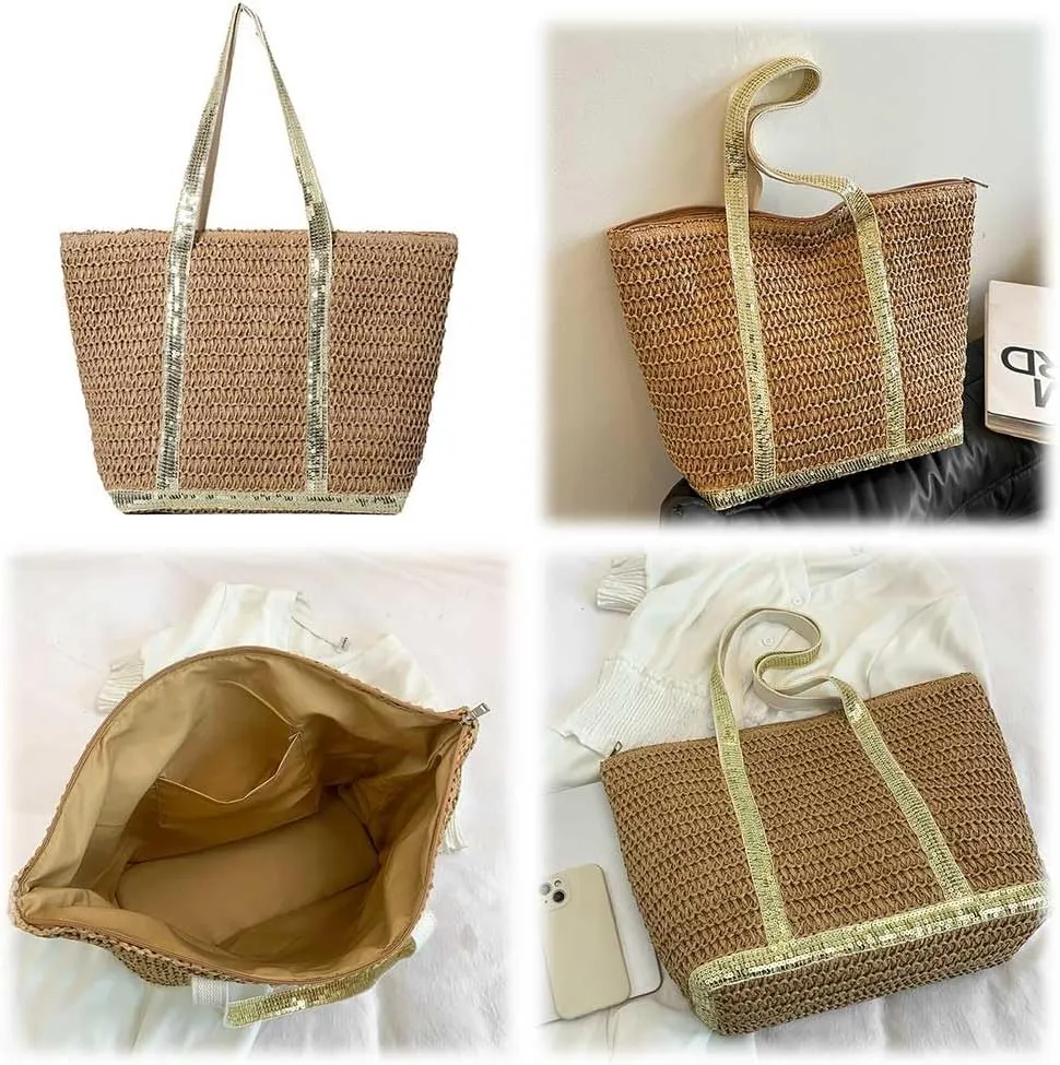 Women Straw Tote Handbag Large Capacity Sequins Crochet Beach Handbag Contrast Color Weaving Travel Bag Ladies Summe