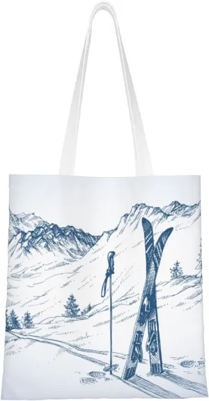 Women Tote Bag Fashion Handbag Shopping Grocery Bag Sketchy Graphic Of A Downhill With Ski Shoulder Bag For Beach Gym Travel