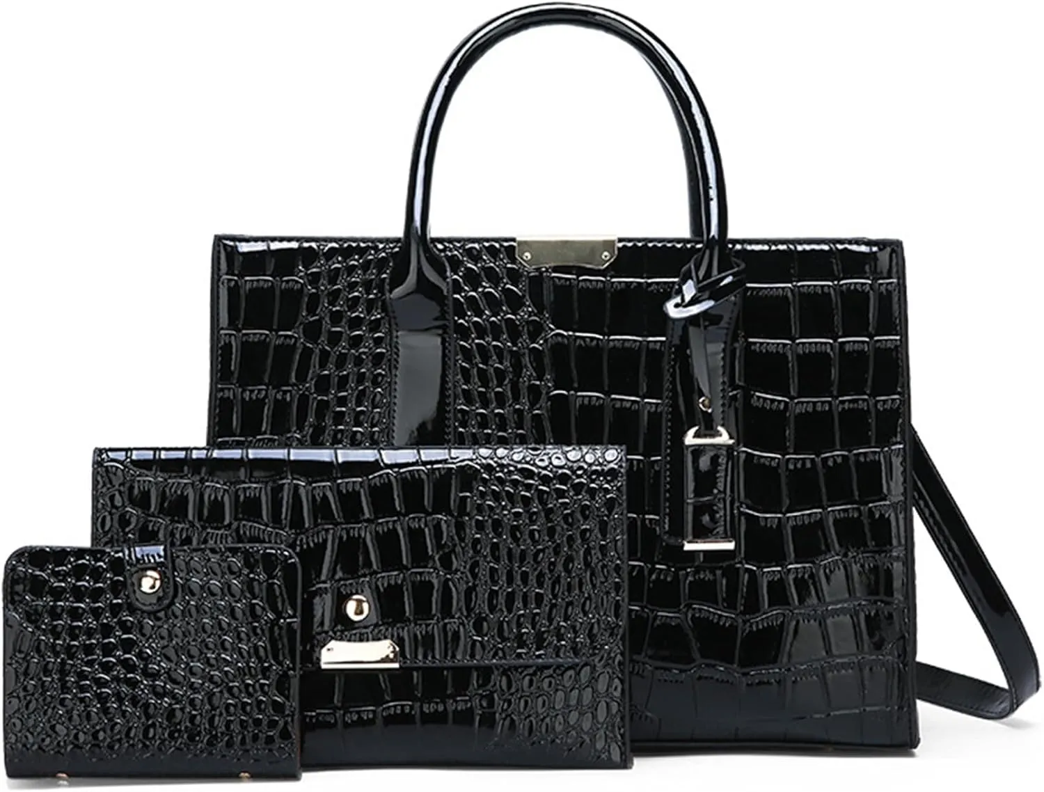 Women's 3-Piece Crocodile Pattern Handbag Set, Large Capacity Tote with Wallet and Purse, Black and Brown