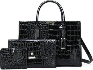 Women's 3-Piece Crocodile Pattern Handbag Set, Large Capacity Tote with Wallet and Purse, Black and Brown