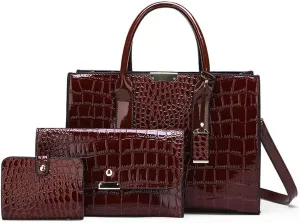Women's 3-Piece Crocodile Pattern Handbag Set, Large Capacity Tote with Wallet and Purse, Black and Brown