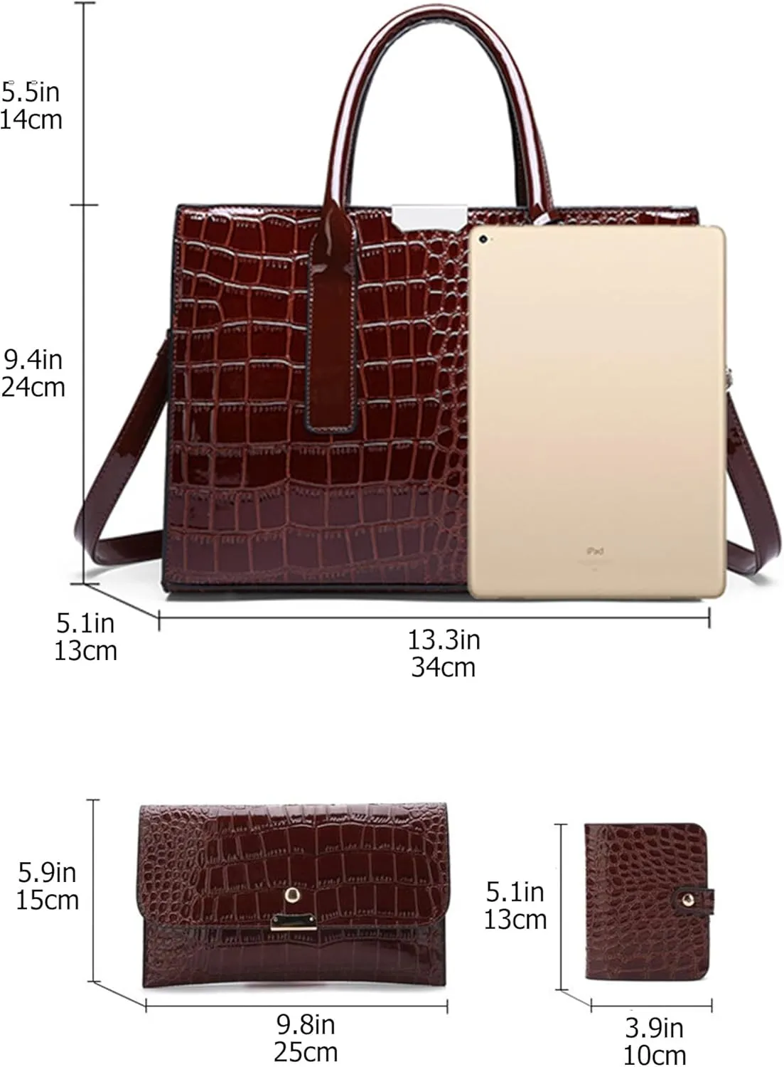 Women's 3-Piece Crocodile Pattern Handbag Set, Large Capacity Tote with Wallet and Purse, Black and Brown