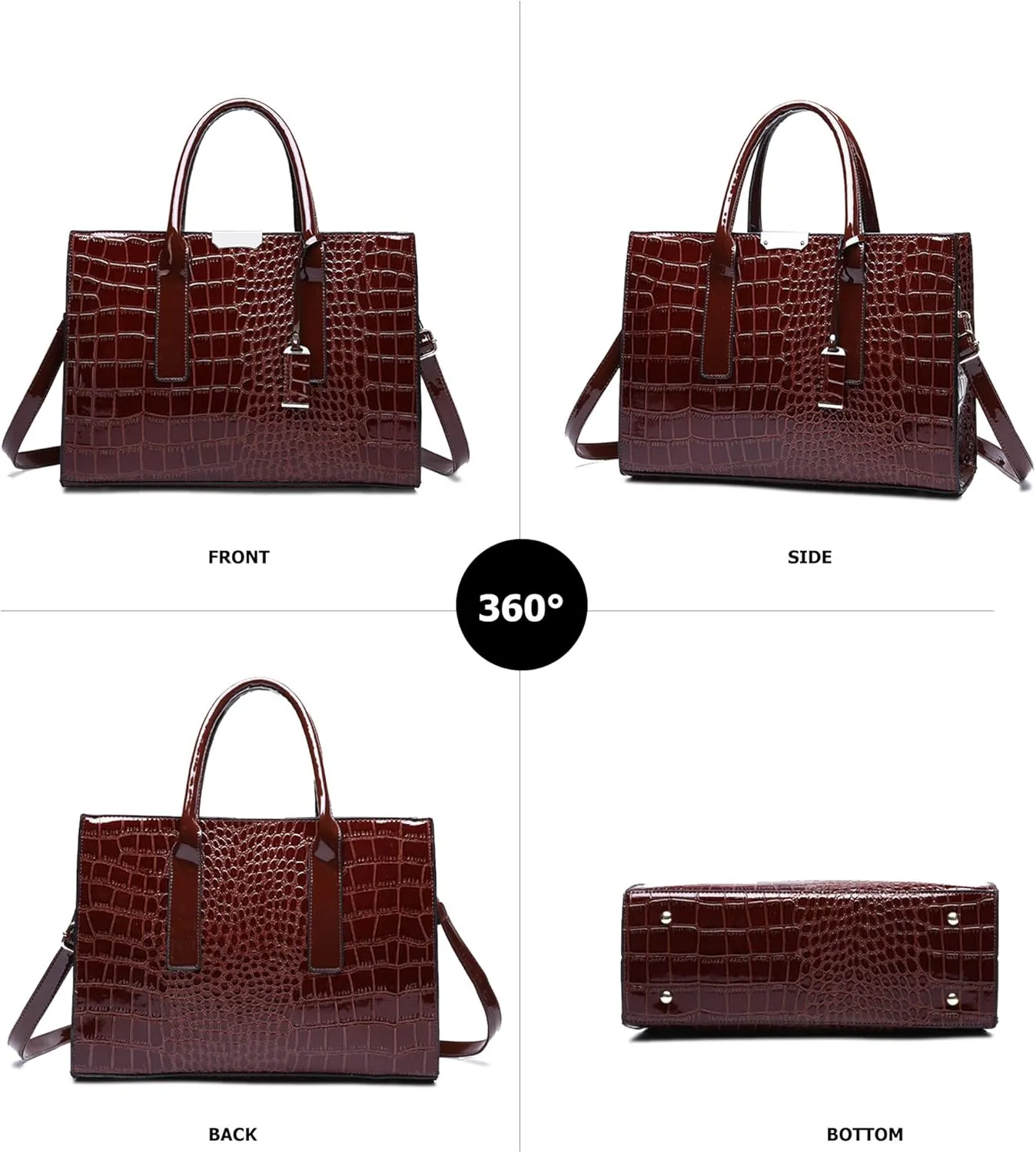 Women's 3-Piece Crocodile Pattern Handbag Set, Large Capacity Tote with Wallet and Purse, Black and Brown
