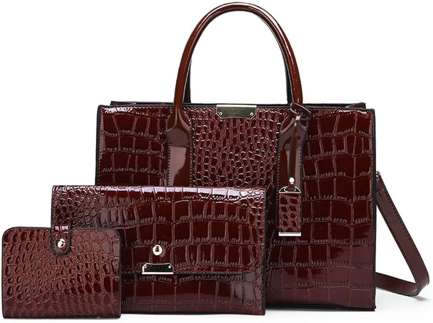 Women's 3-Piece Crocodile Pattern Handbag Set, Large Capacity Tote with Wallet and Purse, Black and Brown