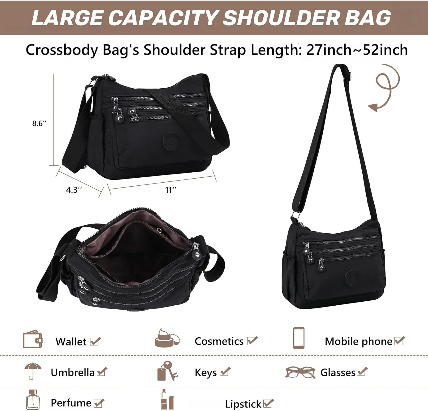 Women's Crossbody Bag, Shoulder Bag, Waterproof Backpack Shoulder Bag, Lightweight Nylon Work Travel Bag, Messenger Bag