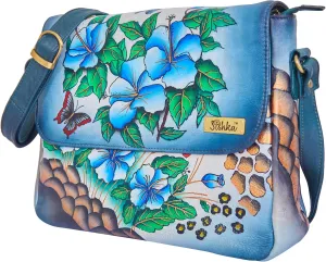 Women's Floral Hand-Painted Leather Messenger Bag, Blue