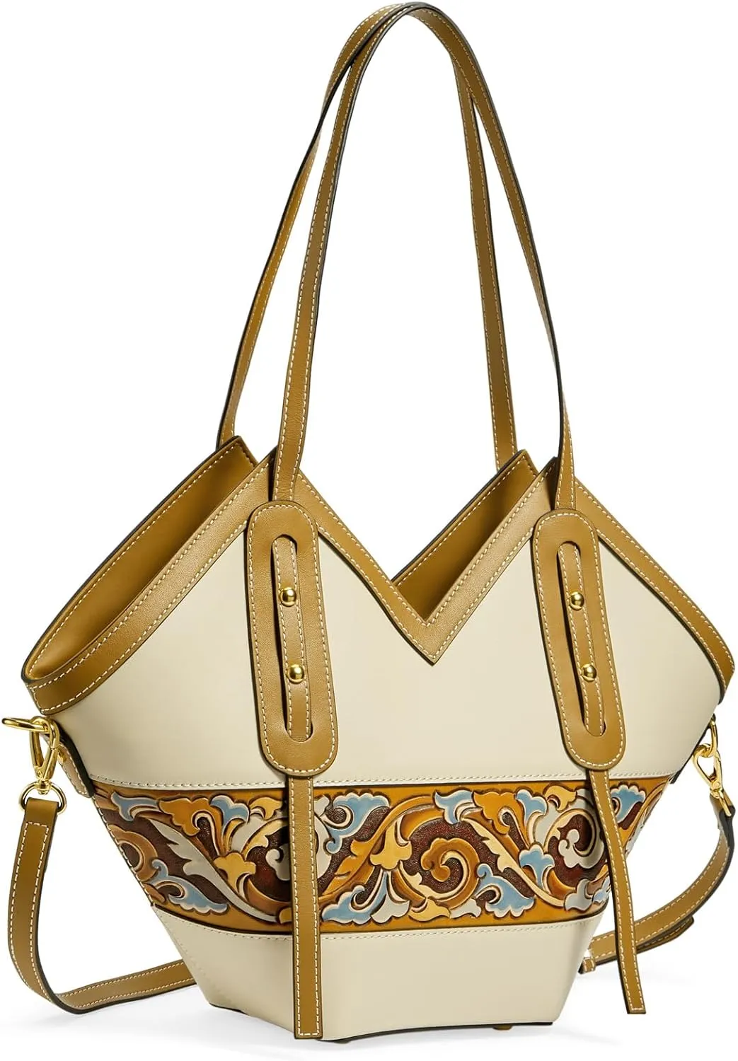 Women's Leather Tote Bag & Large Capacity Hand-Carved Cloud Design, Full-Grain Cowhide