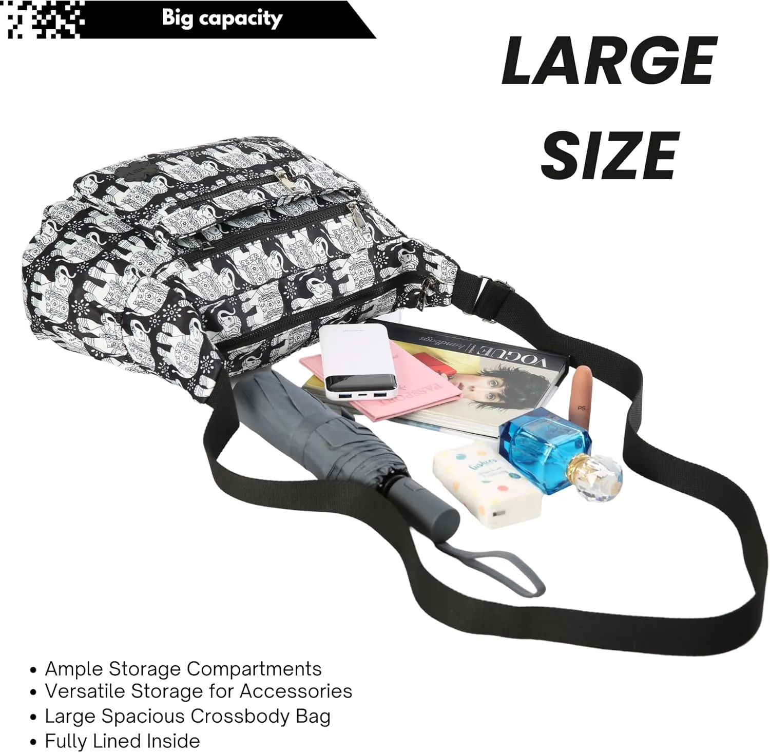 Women's Lightweight Cross Body Handbag - Large Size Multipocket Light Waterproof Fabric Messenger Bag - Kiana