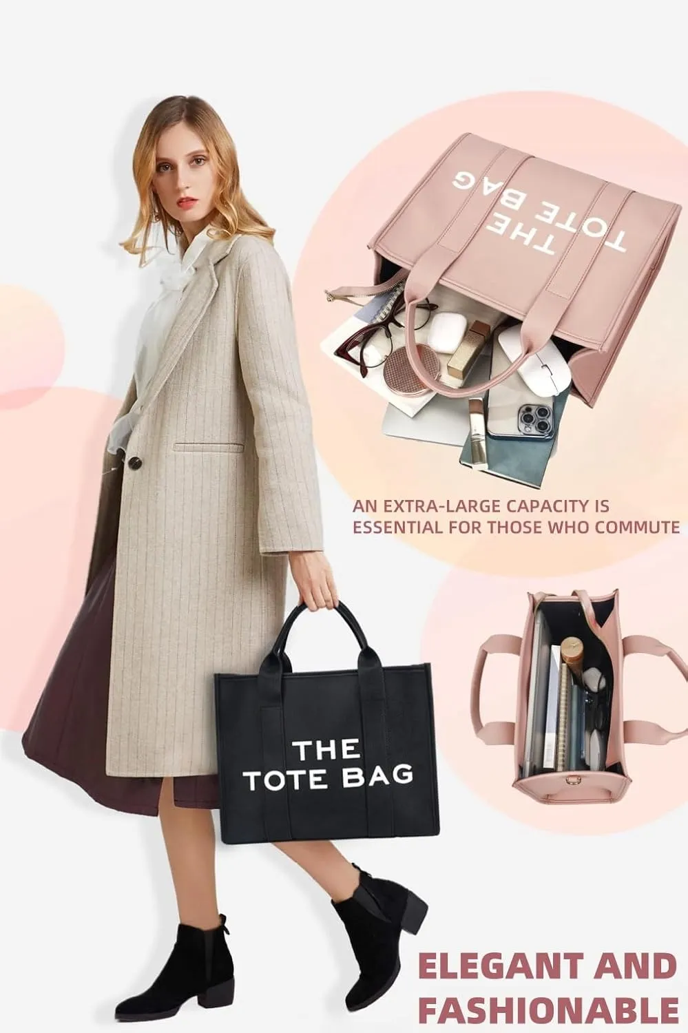 Women's PU Leather Tote Bag - Spacious design ideal for large capacity crossbody or commuter shoulder bag