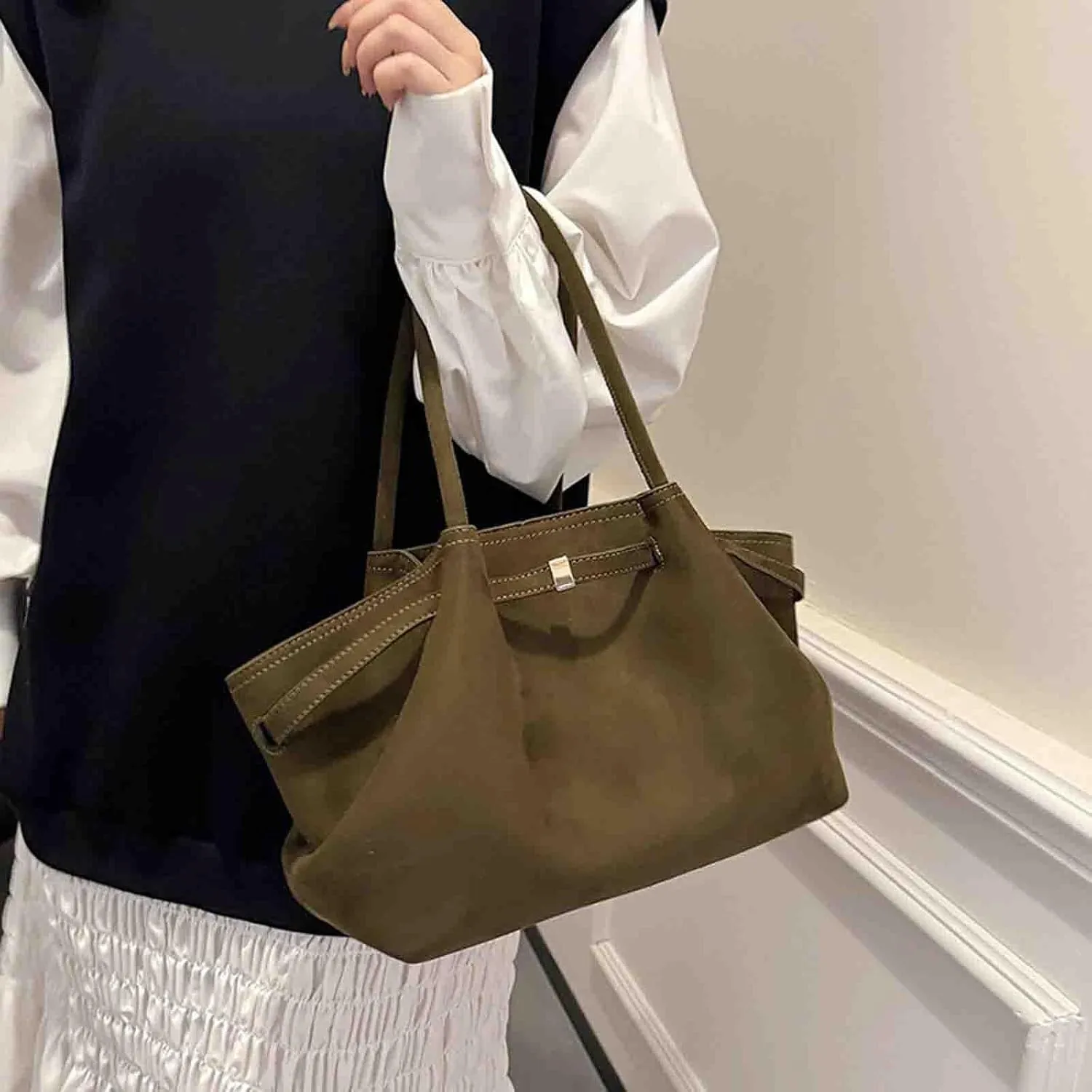 Women's Retro Armpit Shoulder Tote Bag - Large Capacity, Suede Leather