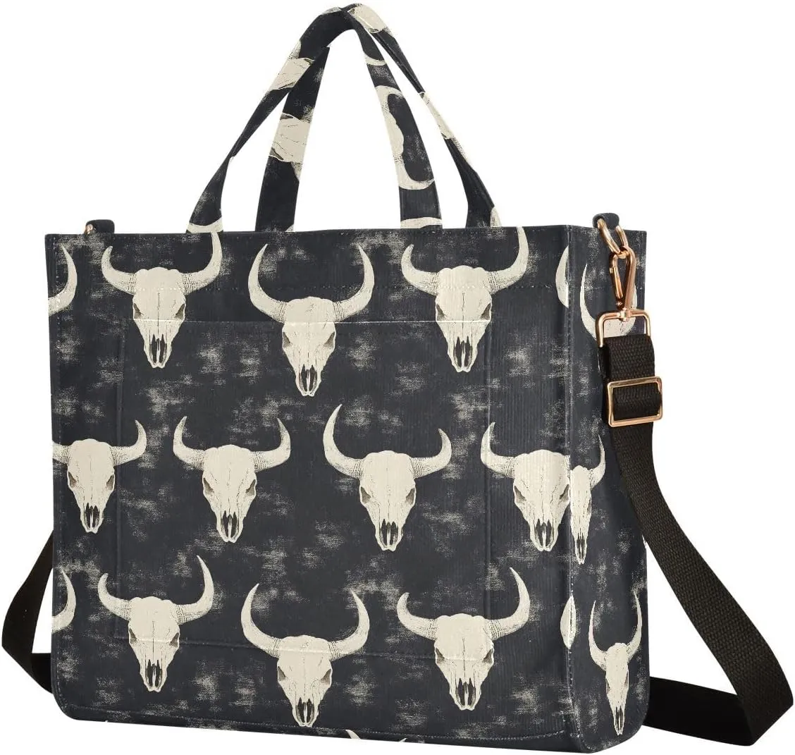 Women's Shoulder Handbags Bison Skeleton Print, Corduroy Tote Bag Large Capacity Small Size