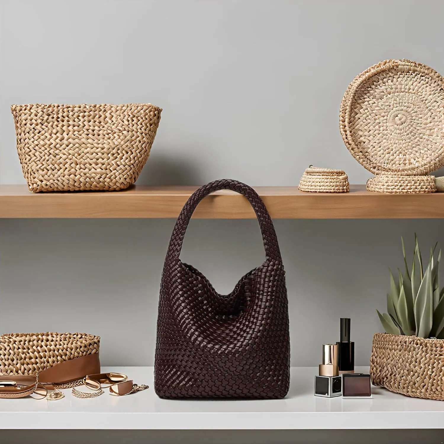 Woven Tote Bag for Women: Vegan Leather Shoulder Purse - Underarm Hobo Bag - Summer Beach Tote for Vacation
