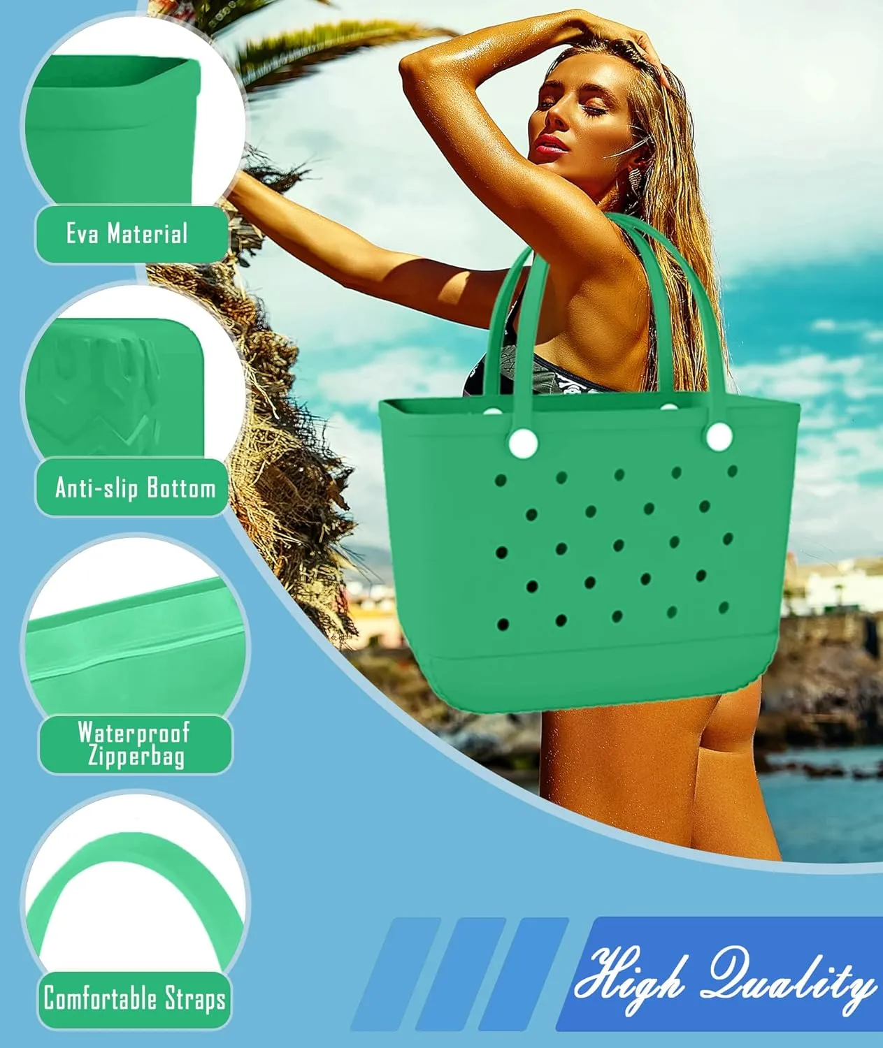 X-Large Rubber Beach Bag Tote Waterproof Tote Bag with Zipper Pocket Modern Travel Tote Bag Sports Beach
