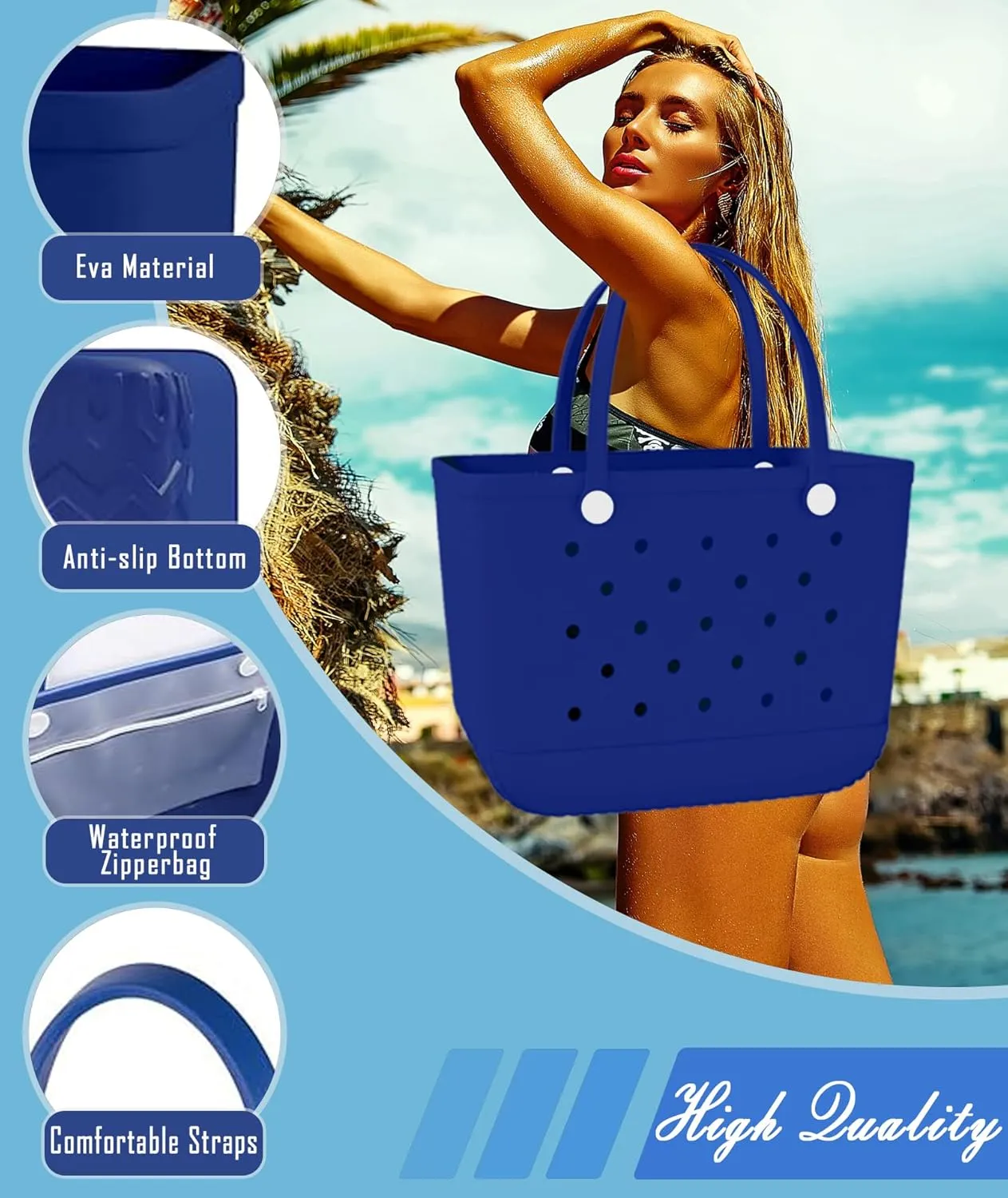 X-Large Rubber Beach Bag Tote Waterproof Tote Bag with Zipper Pocket Modern Travel Tote Bag Sports Beach
