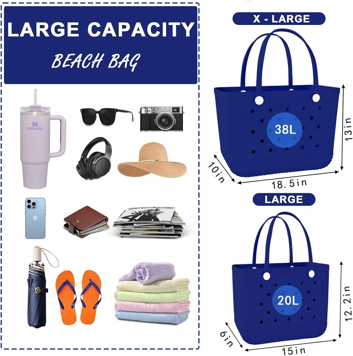 X-Large Rubber Beach Bag Tote Waterproof Tote Bag with Zipper Pocket Modern Travel Tote Bag Sports Beach