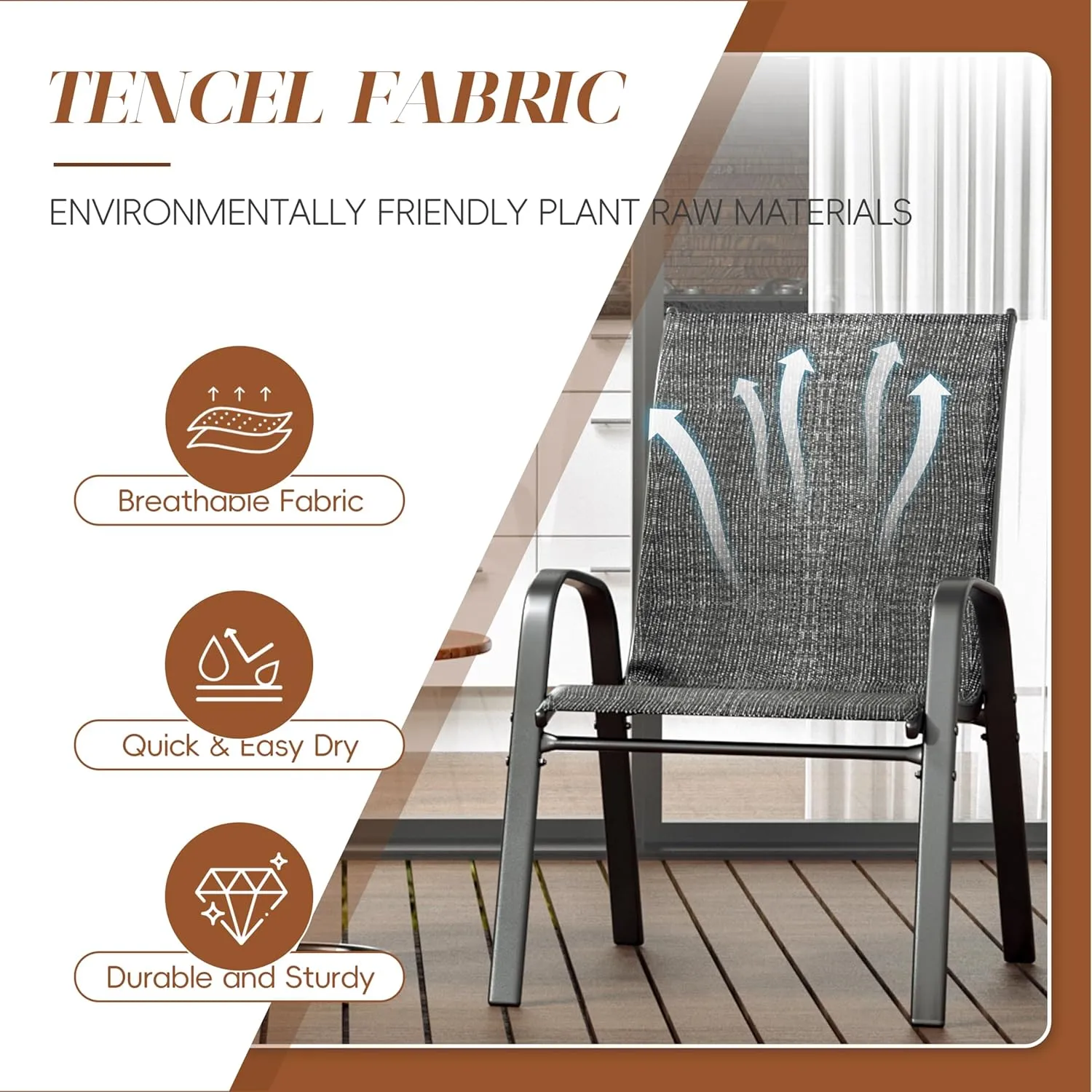 Xilingol Patio Chairs Set of 4, Outdoor Lightweight Stackable Dining Chairs w/All-Weather Textilene Fabric & Metal Frame, 350LBS Capacity, Outdoor Furniture for Pool Deck, Backyard, Garden (Dark Grey)