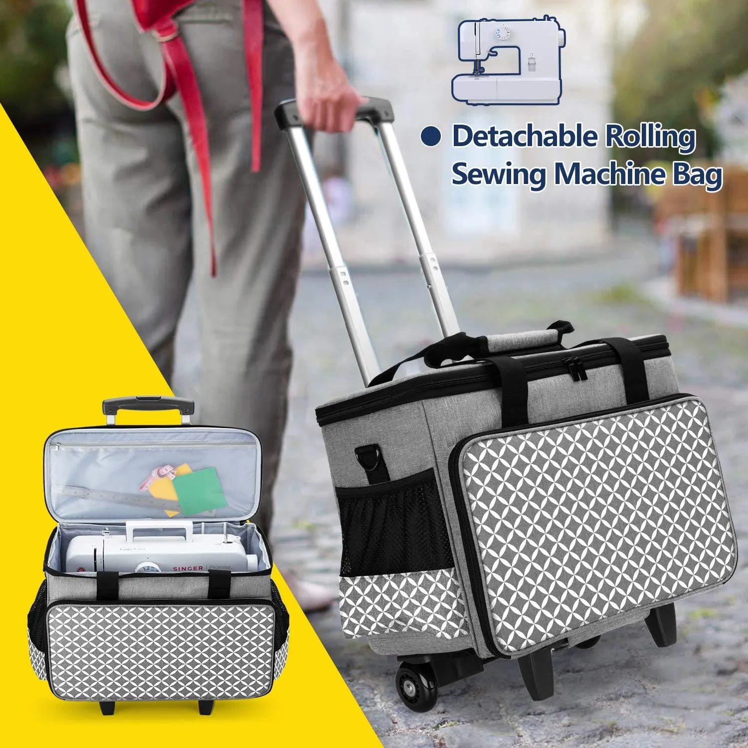 Yarwo 𝟐𝟎𝟐𝟓 𝐍𝐄𝐖 Detachable Rolling Sewing Machine Carrying Case, Sewing Quilting Tote Bag with Trolley and Removable Bottom Board for Most Standard Sewing Machine and Accessories, Gray with Grid