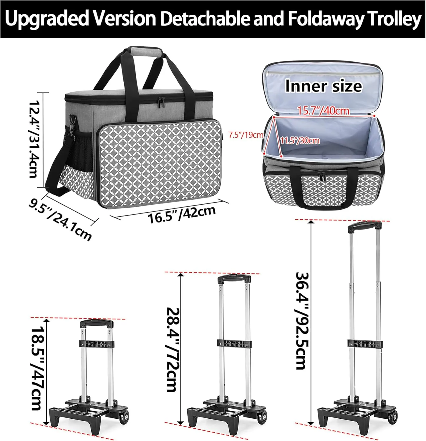 Yarwo 𝟐𝟎𝟐𝟓 𝐍𝐄𝐖 Detachable Rolling Sewing Machine Carrying Case, Sewing Quilting Tote Bag with Trolley and Removable Bottom Board for Most Standard Sewing Machine and Accessories, Gray with Grid