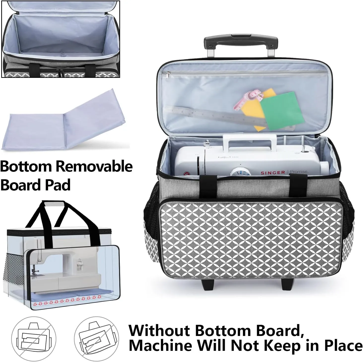 Yarwo 𝟐𝟎𝟐𝟓 𝐍𝐄𝐖 Detachable Rolling Sewing Machine Carrying Case, Sewing Quilting Tote Bag with Trolley and Removable Bottom Board for Most Standard Sewing Machine and Accessories, Gray with Grid