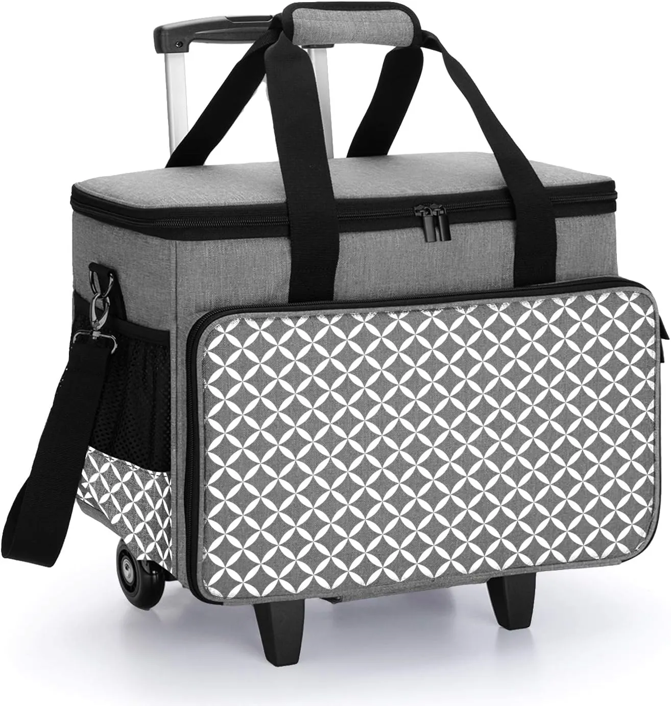 Yarwo 𝟐𝟎𝟐𝟓 𝐍𝐄𝐖 Detachable Rolling Sewing Machine Carrying Case, Sewing Quilting Tote Bag with Trolley and Removable Bottom Board for Most Standard Sewing Machine and Accessories, Gray with Grid